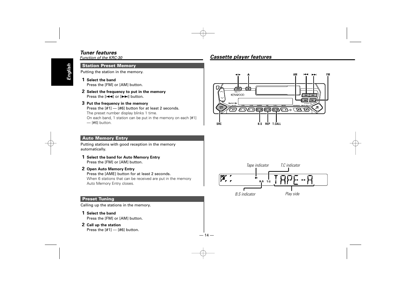 Cassette player features | Kenwood RECEIVER KRC-36 User Manual | Page 14 / 122