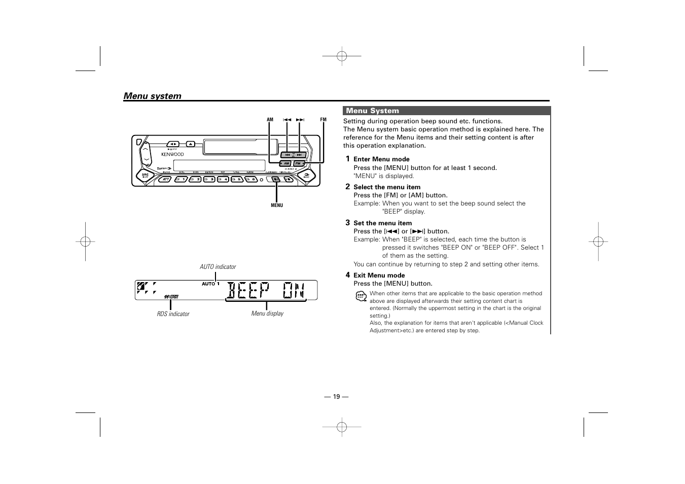 Menu system | Kenwood RECEIVER KRC-36 User Manual | Page 19 / 122