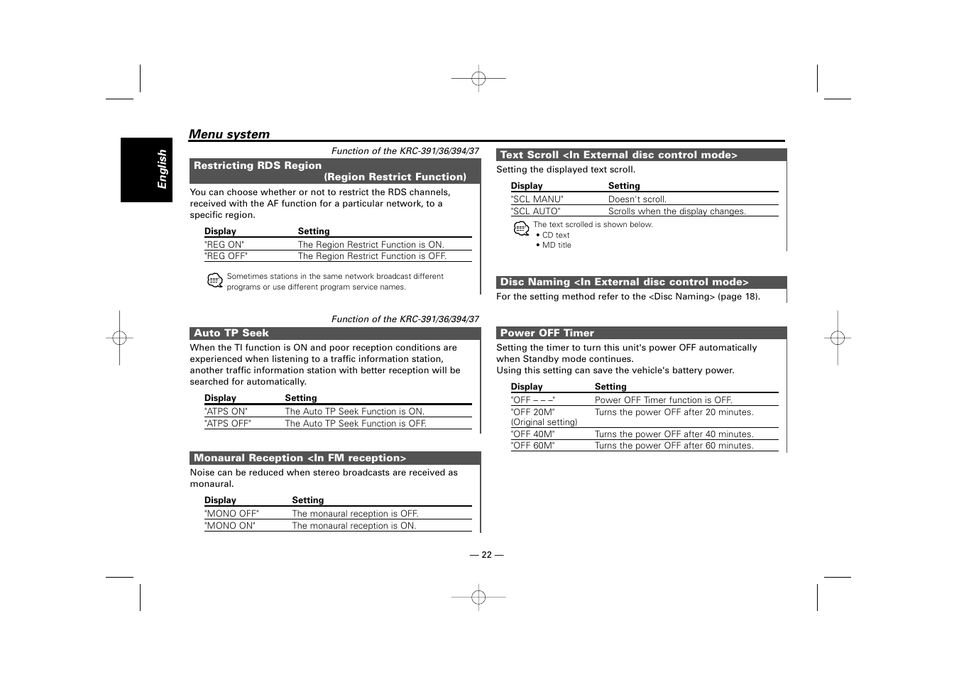 Kenwood RECEIVER KRC-36 User Manual | Page 22 / 122