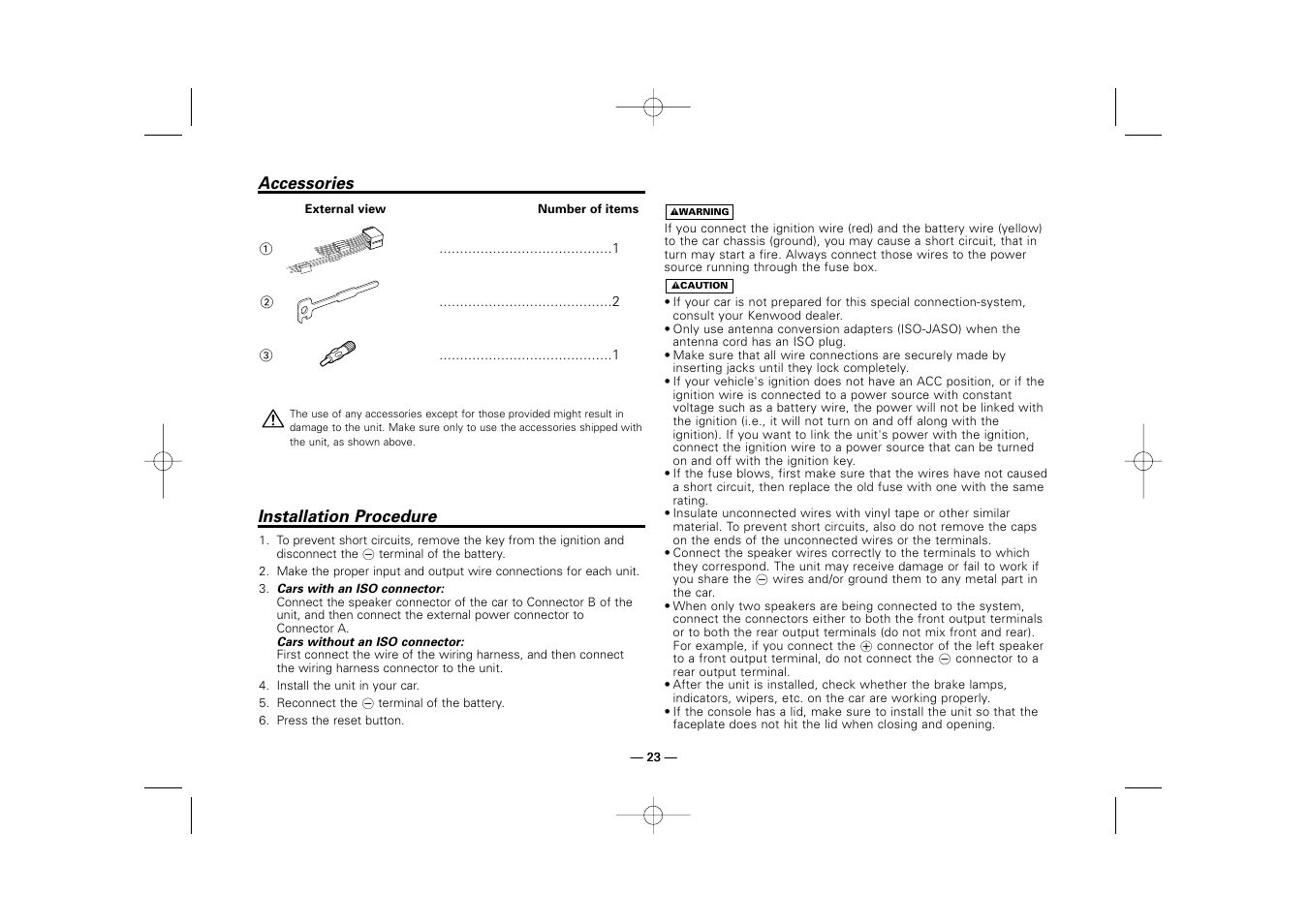 Accessories, Installation procedure | Kenwood RECEIVER KRC-36 User Manual | Page 23 / 122