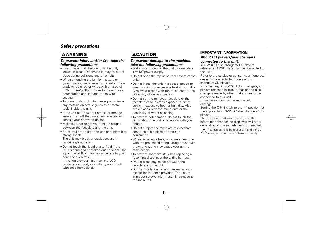 Safety precautions | Kenwood RECEIVER KRC-36 User Manual | Page 3 / 122