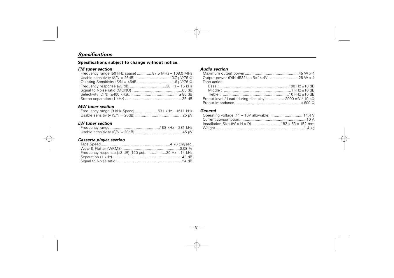 Specifications | Kenwood RECEIVER KRC-36 User Manual | Page 31 / 122