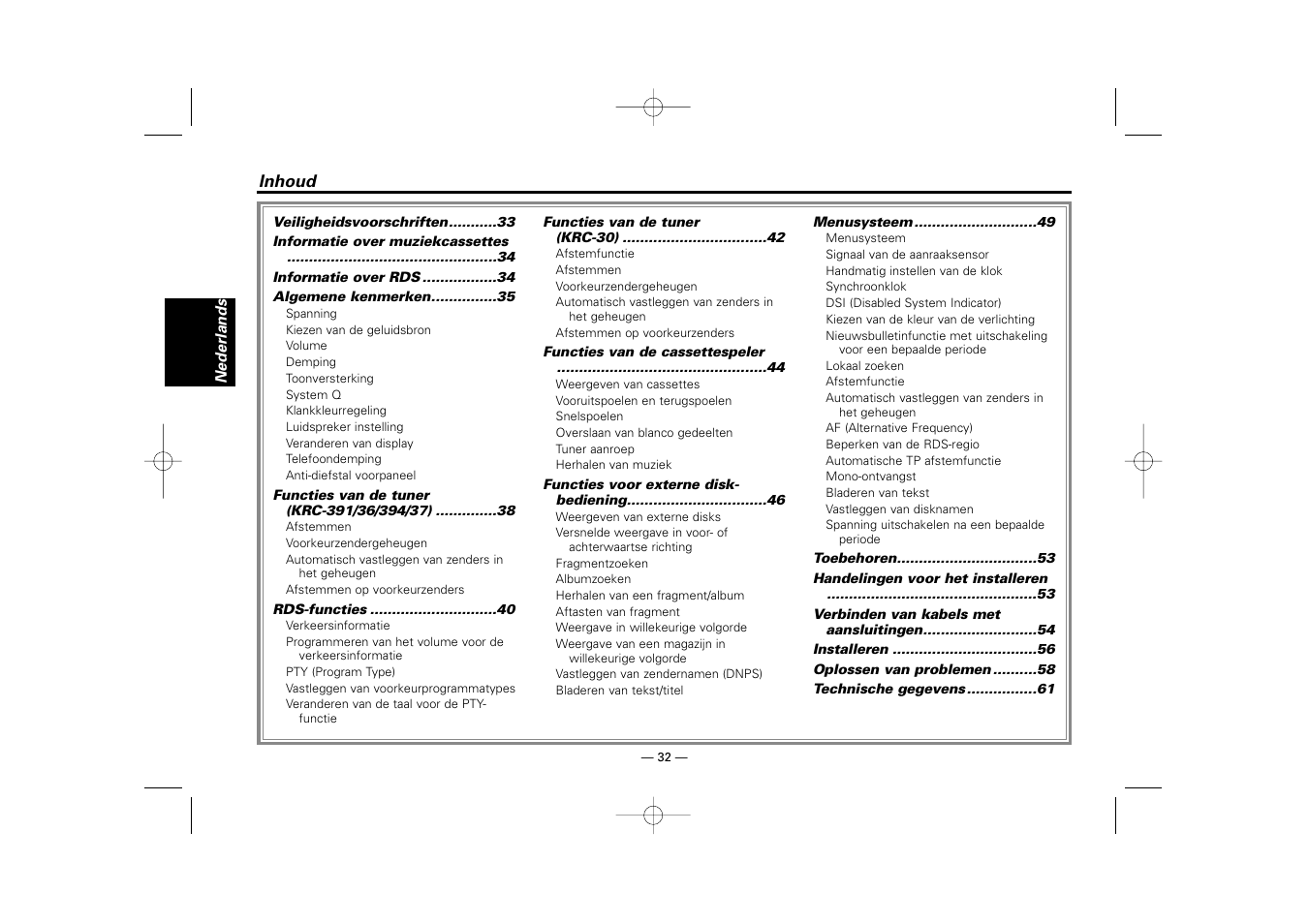 Nederlands | Kenwood RECEIVER KRC-36 User Manual | Page 32 / 122