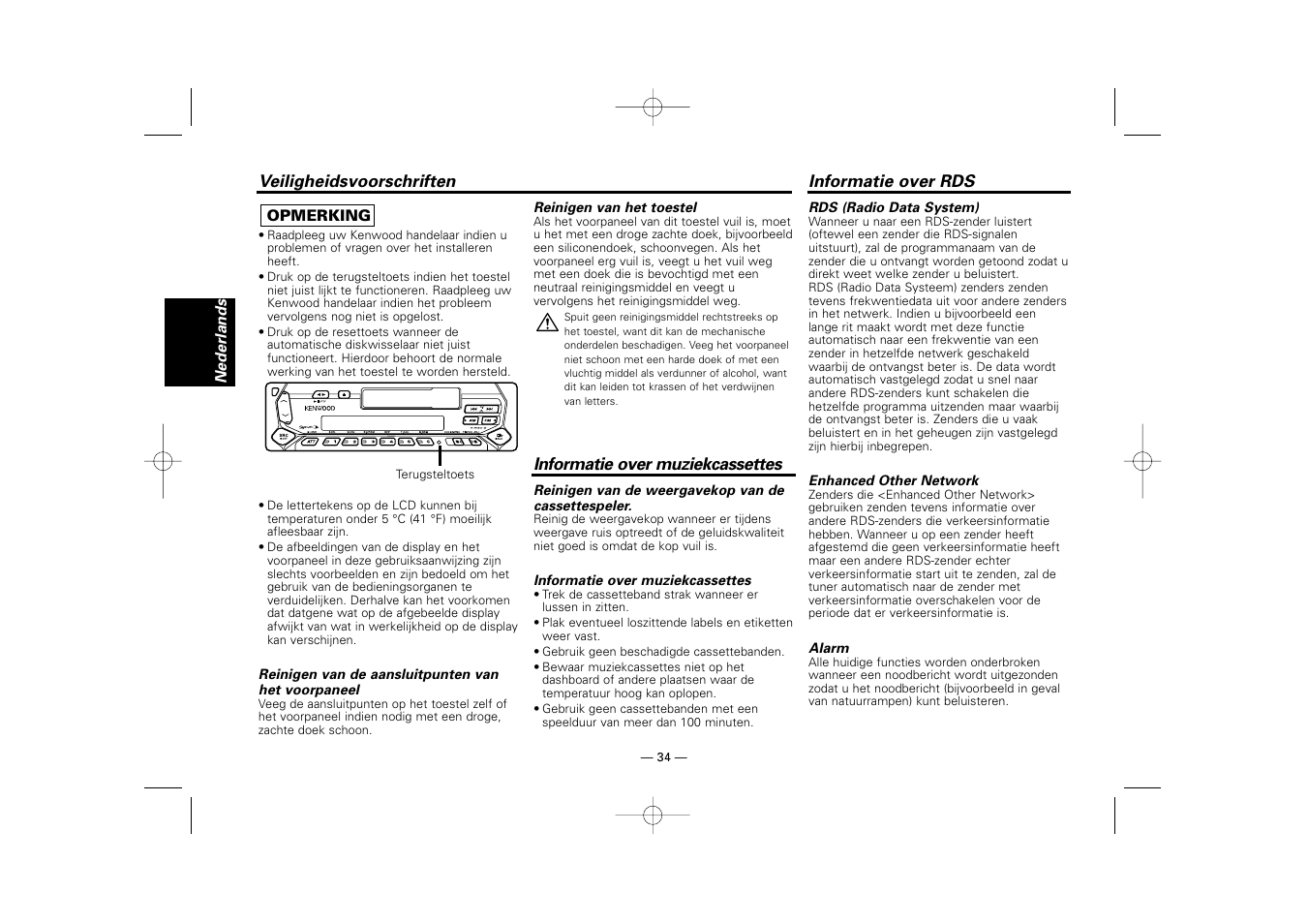 Informatie over muziekcassettes, Informatie over rds | Kenwood RECEIVER KRC-36 User Manual | Page 34 / 122