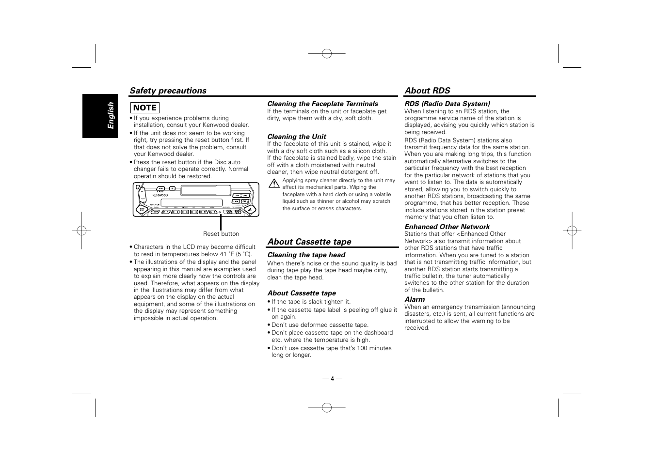 About cassette tape, About rds | Kenwood RECEIVER KRC-36 User Manual | Page 4 / 122