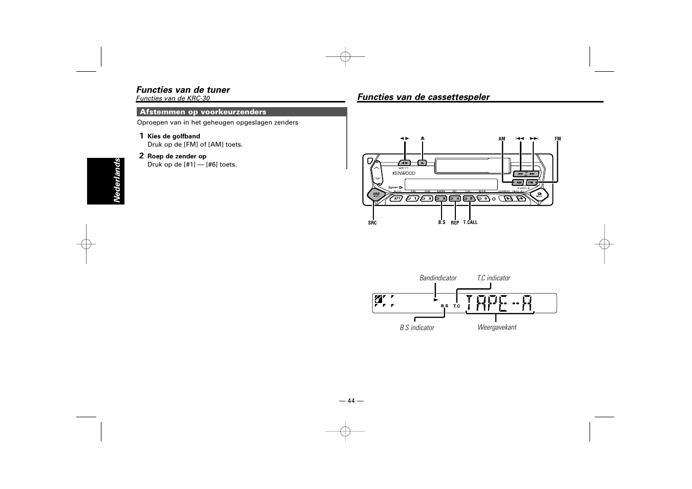 Functies van de cassettespeler | Kenwood RECEIVER KRC-36 User Manual | Page 44 / 122