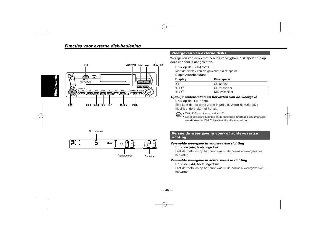 Functies voor externe disk-bediening | Kenwood RECEIVER KRC-36 User Manual | Page 46 / 122
