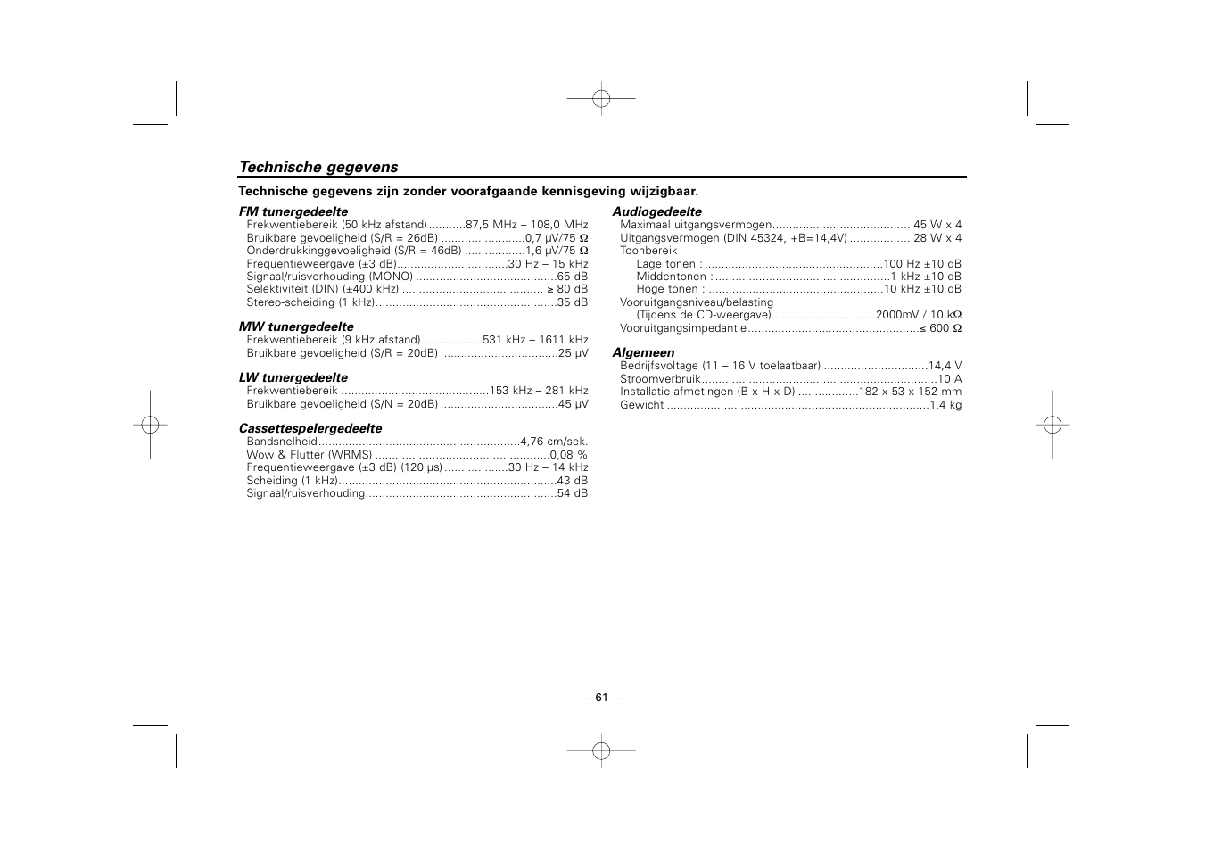 Technische gegevens | Kenwood RECEIVER KRC-36 User Manual | Page 61 / 122