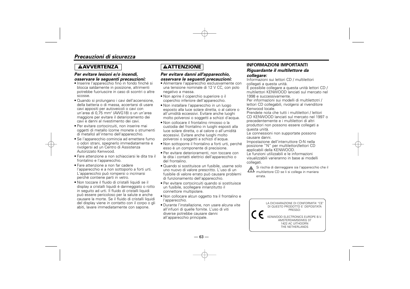 Precauzioni di sicurezza | Kenwood RECEIVER KRC-36 User Manual | Page 63 / 122