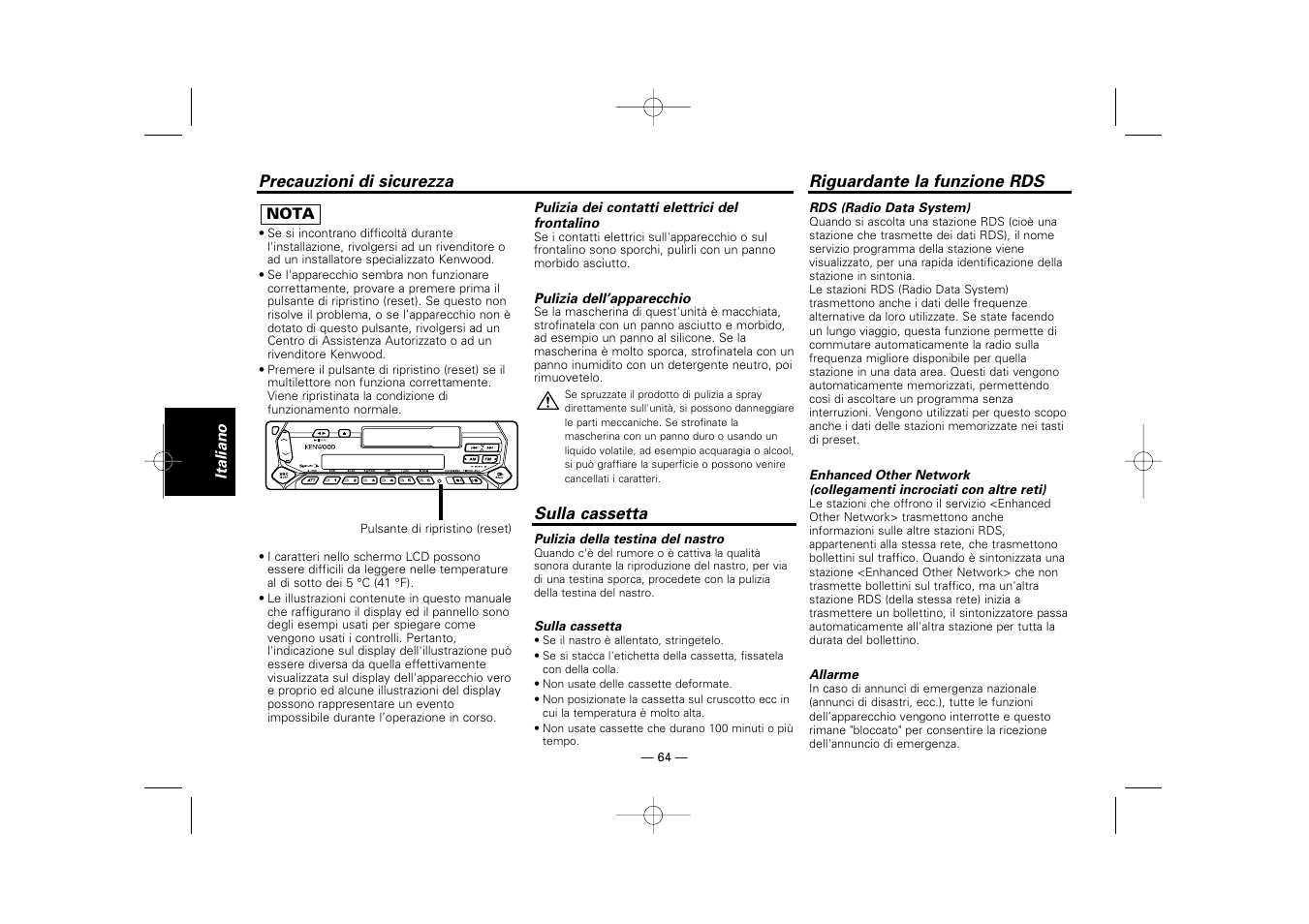 Sulla cassetta, Riguardante la funzione rds | Kenwood RECEIVER KRC-36 User Manual | Page 64 / 122