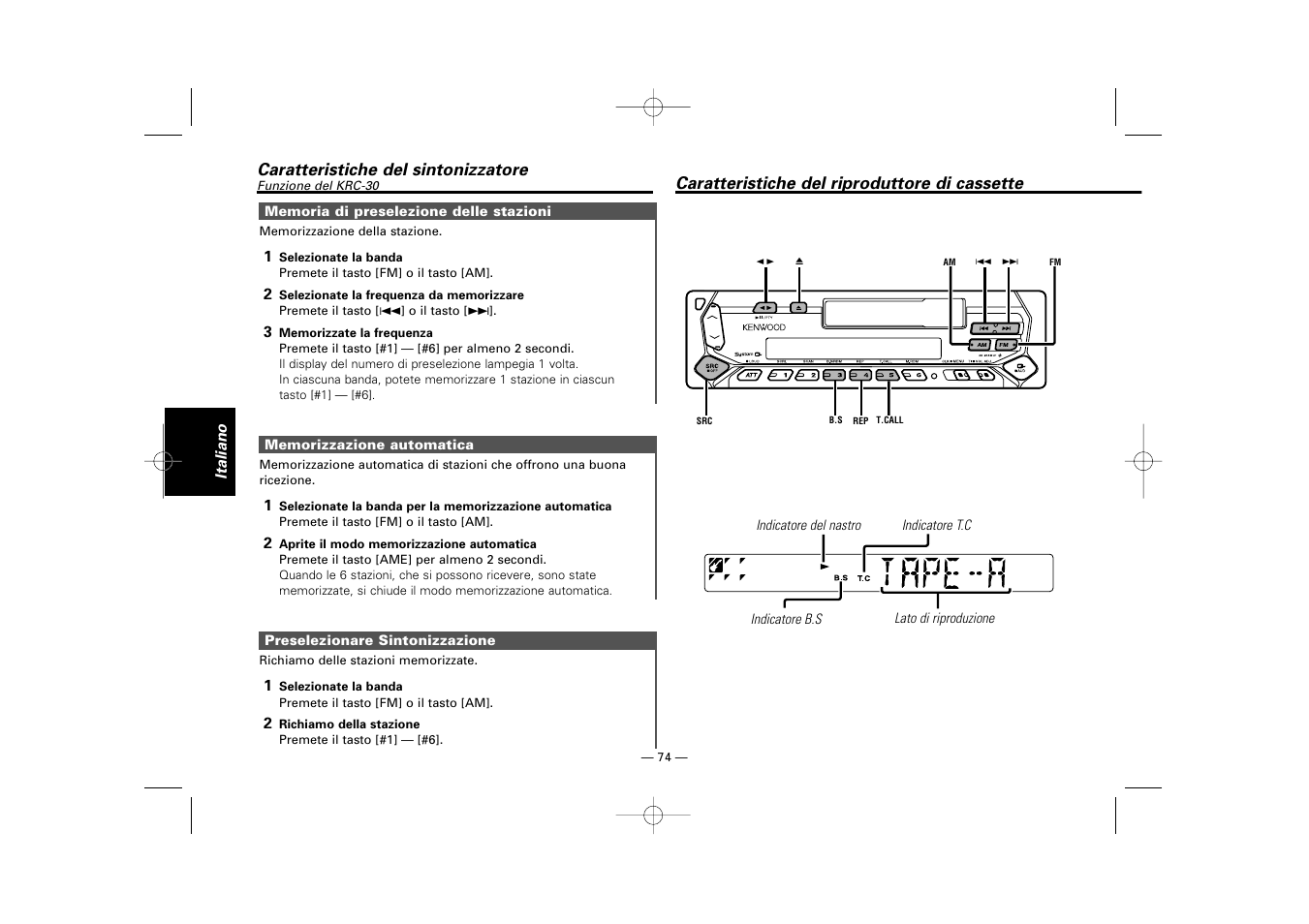 Caratteristiche del riproduttore di cassette | Kenwood RECEIVER KRC-36 User Manual | Page 74 / 122