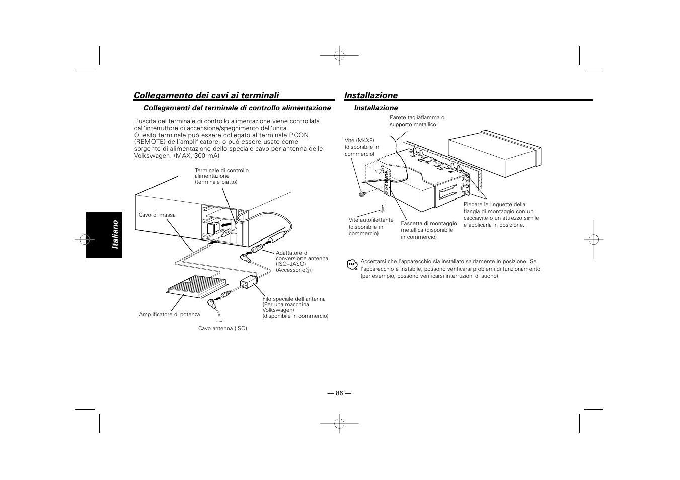 Installazione, Collegamento dei cavi ai terminali | Kenwood RECEIVER KRC-36 User Manual | Page 86 / 122