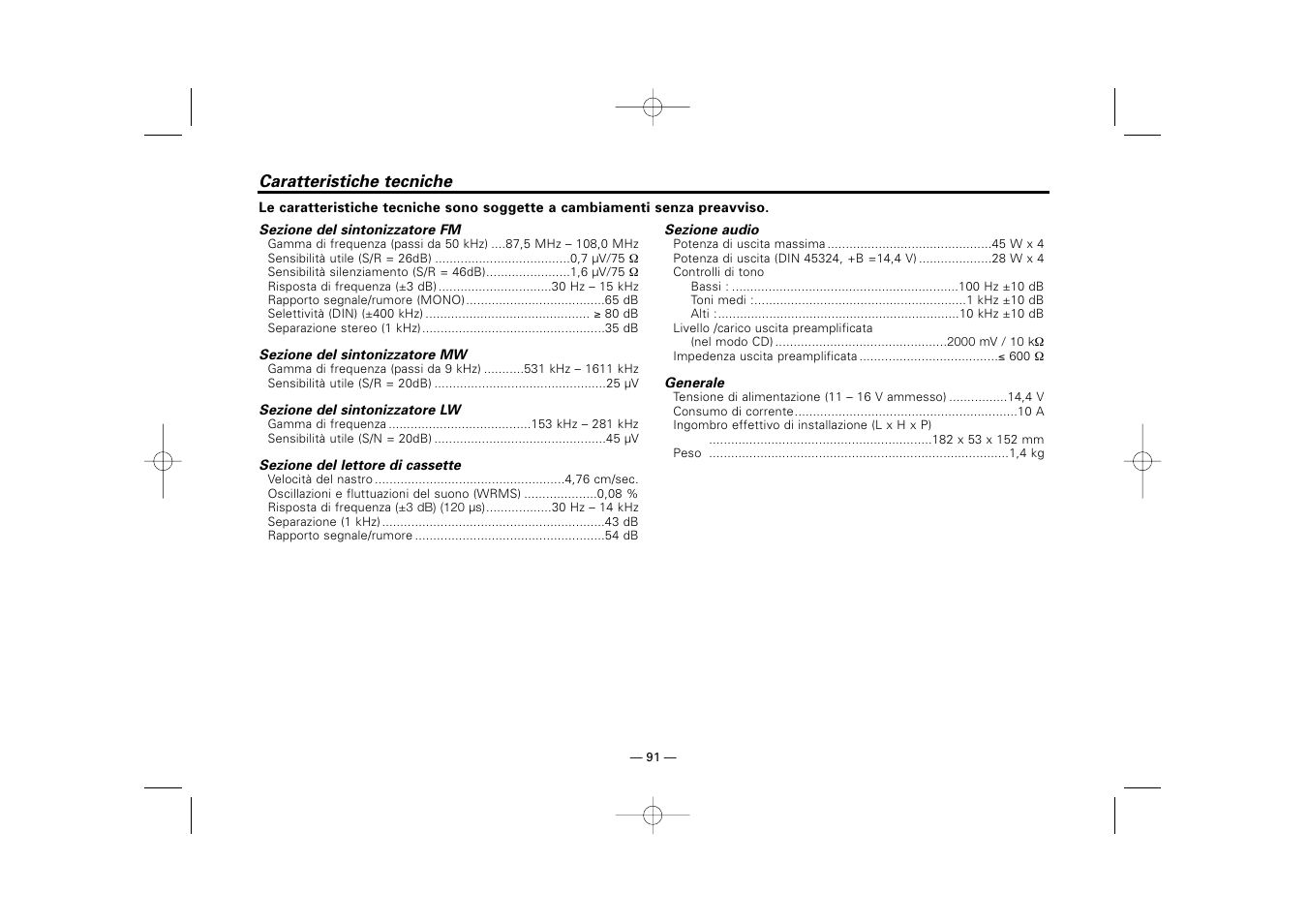 Caratteristiche tecniche | Kenwood RECEIVER KRC-36 User Manual | Page 91 / 122