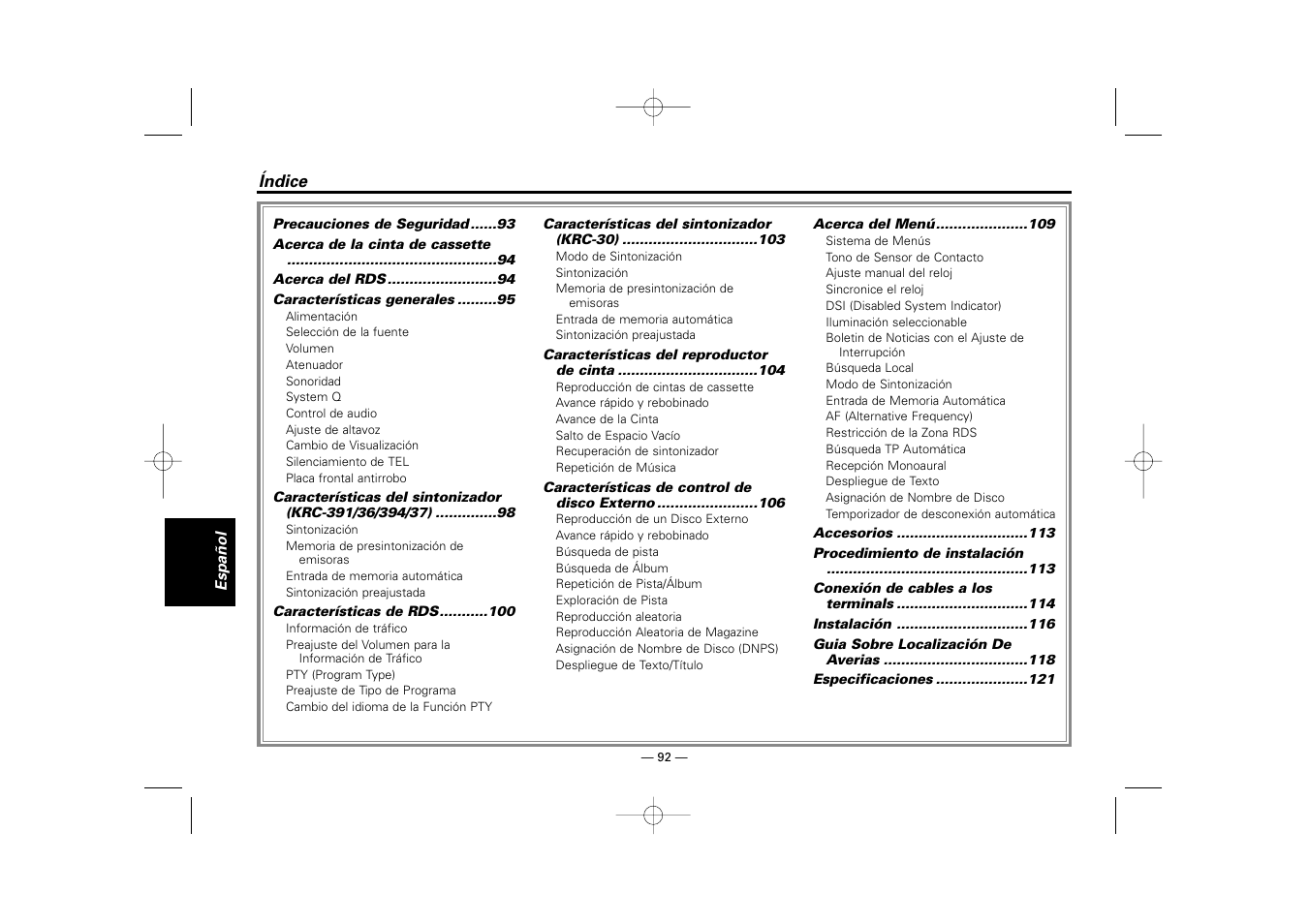 Spanish | Kenwood RECEIVER KRC-36 User Manual | Page 92 / 122