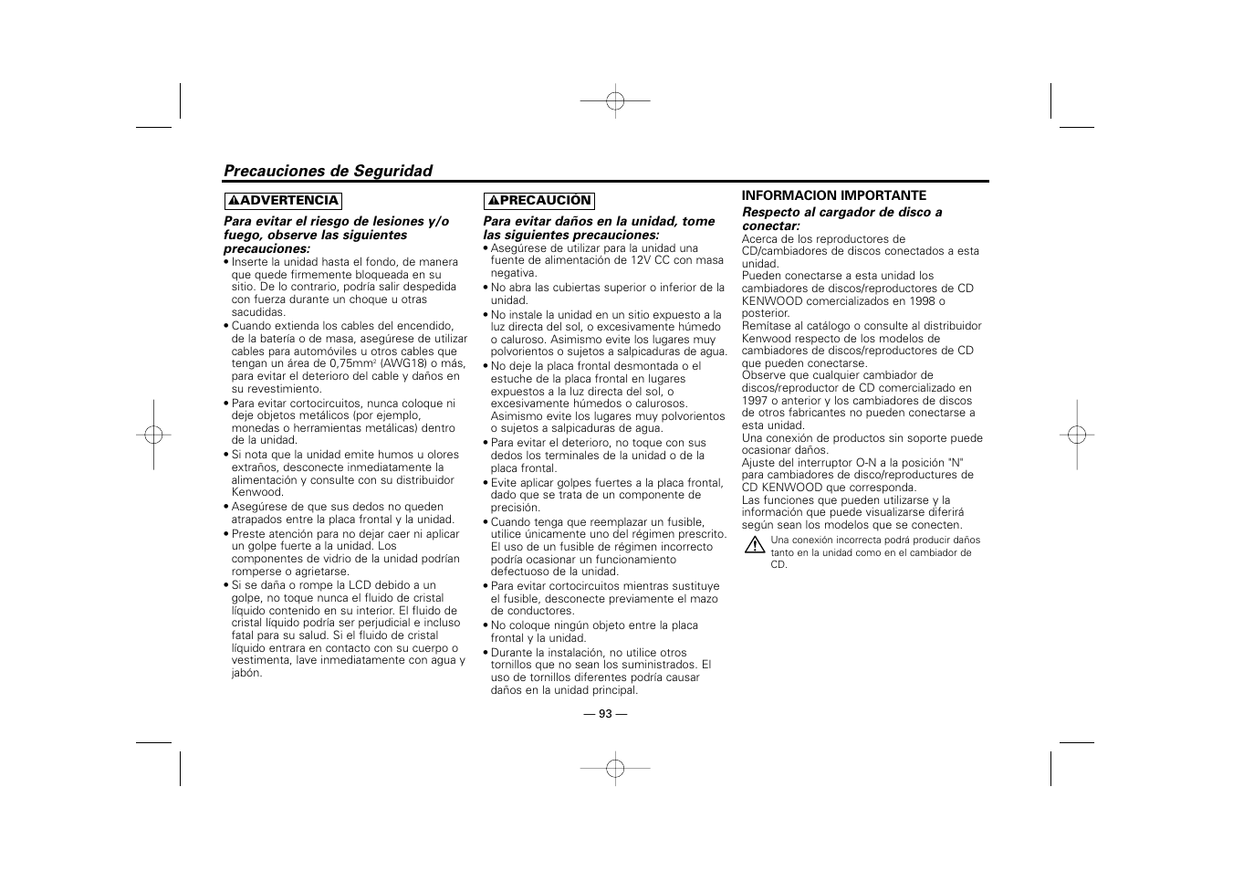 Precauciones de seguridad | Kenwood RECEIVER KRC-36 User Manual | Page 93 / 122