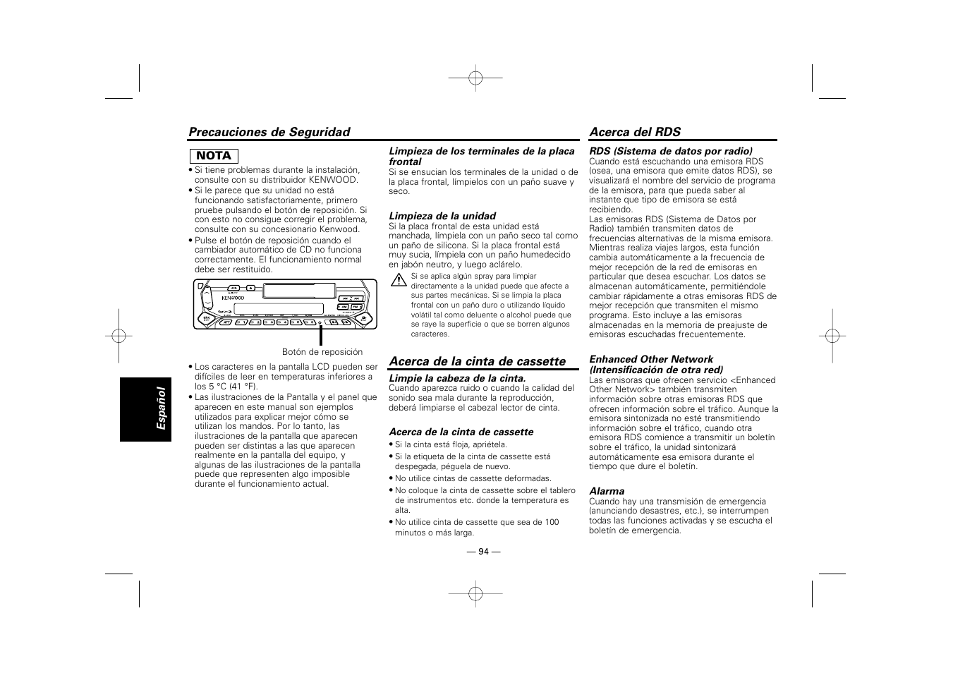 Acerca de la cinta de cassette, Acerca del rds | Kenwood RECEIVER KRC-36 User Manual | Page 94 / 122