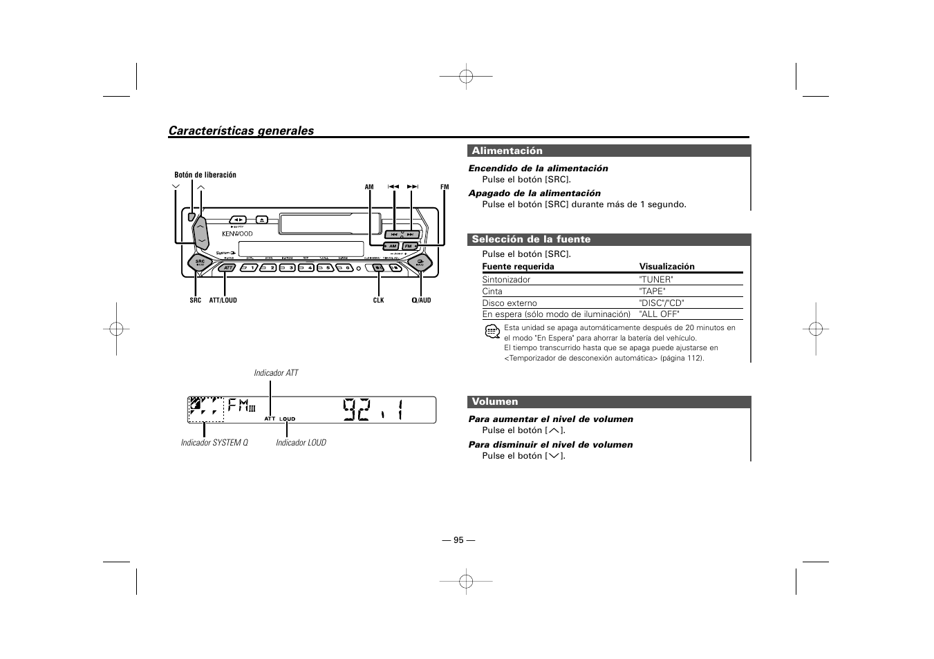 Caracteristicas generales, Características generales | Kenwood RECEIVER KRC-36 User Manual | Page 95 / 122