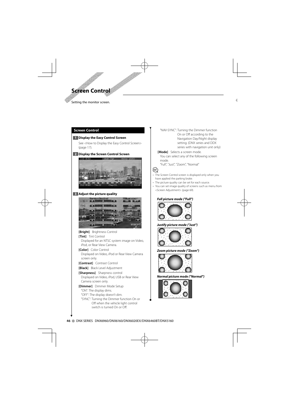 Screen control | Kenwood DNX SERIES DDX6046BT User Manual | Page 46 / 100