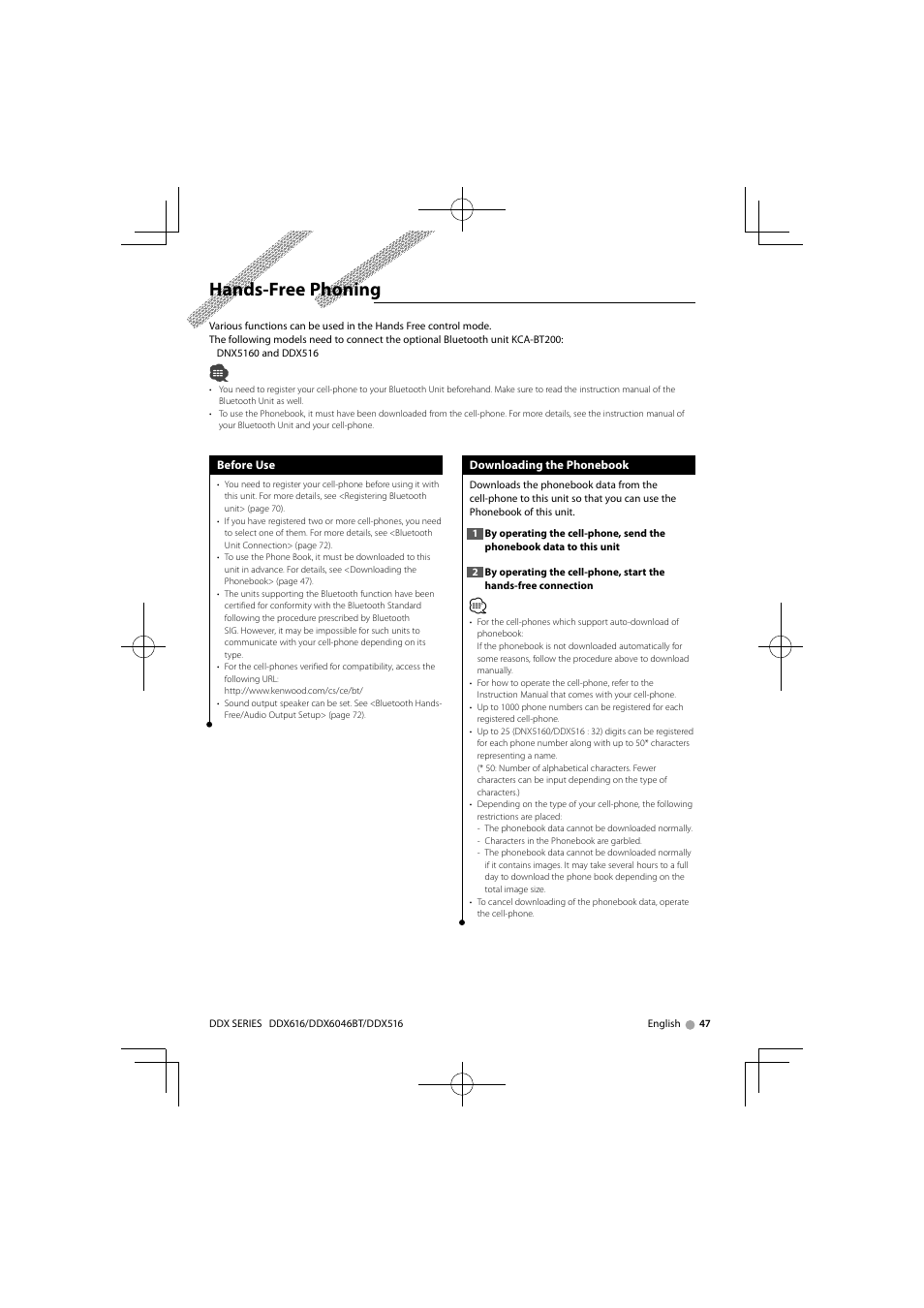 Hands-free phoning | Kenwood DNX SERIES DDX6046BT User Manual | Page 47 / 100