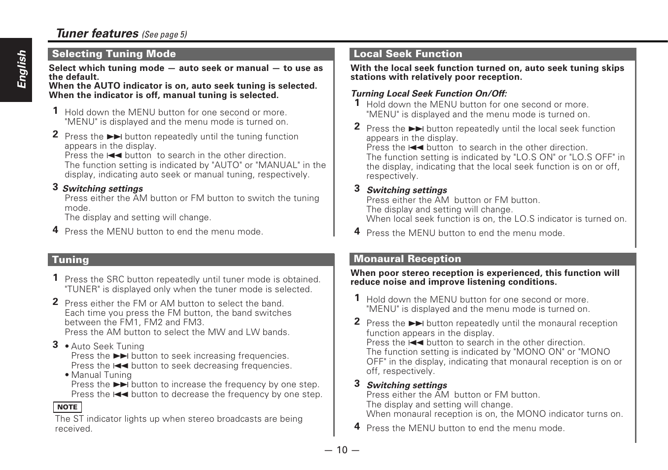 Selecting tuning mode, Tuning, Local seek function | Monaural reception, Tuner features | Kenwood KRC-177RA User Manual | Page 10 / 24