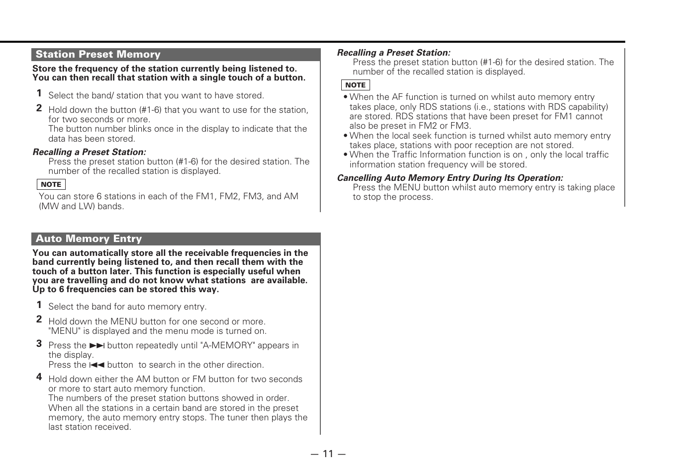 Station preset memory, Auto memory entry | Kenwood KRC-177RA User Manual | Page 11 / 24