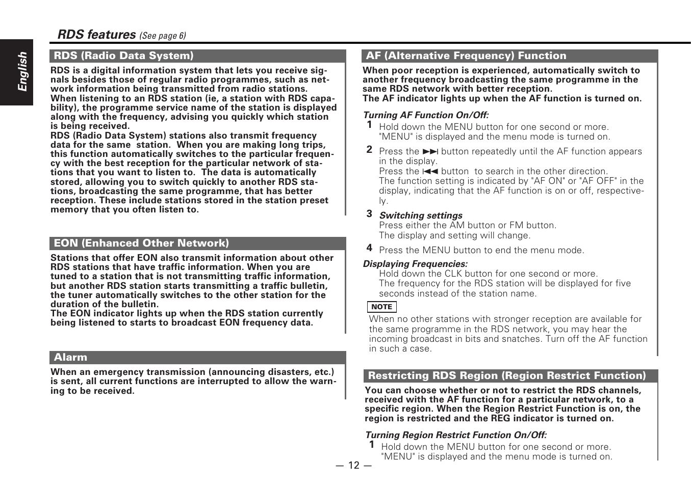 Rds (radio data system), Eon (enhanced other network), Alarm | Af (alternative frequency) function, Restricting rds region (region restrict function), Rds features | Kenwood KRC-177RA User Manual | Page 12 / 24