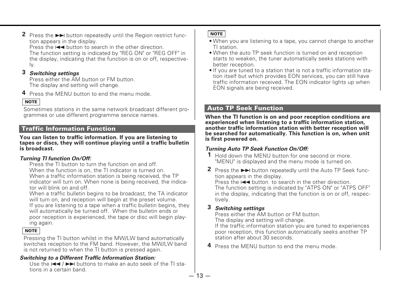 Traffic information function, Auto tp seek function | Kenwood KRC-177RA User Manual | Page 13 / 24