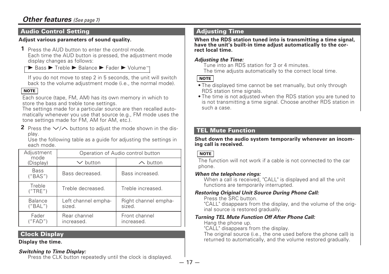 Audio control setting, Clock display, Adjusting time | Tel mute function, Other features | Kenwood KRC-177RA User Manual | Page 17 / 24