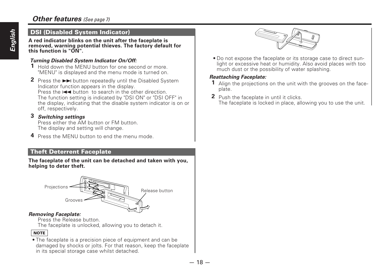 Dsi (disabled system indicator), Theft deterrent faceplate, Other features | Kenwood KRC-177RA User Manual | Page 18 / 24