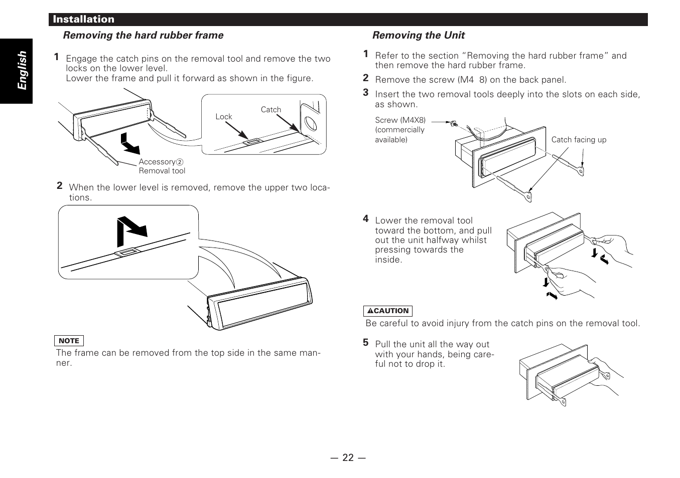 Removing the hard rubber frame, Removing the unit | Kenwood KRC-177RA User Manual | Page 22 / 24