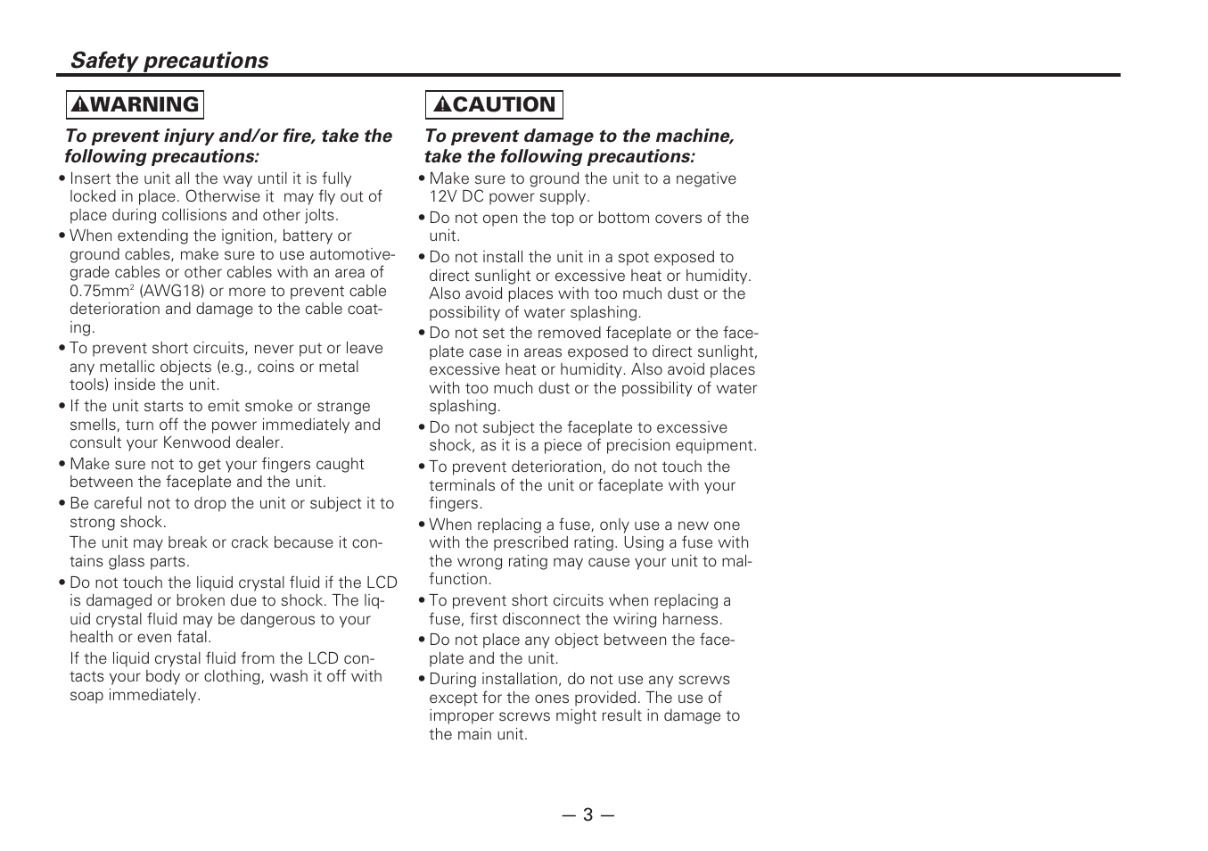 Safety precautions, 2 warning, 2 caution | Kenwood KRC-177RA User Manual | Page 3 / 24