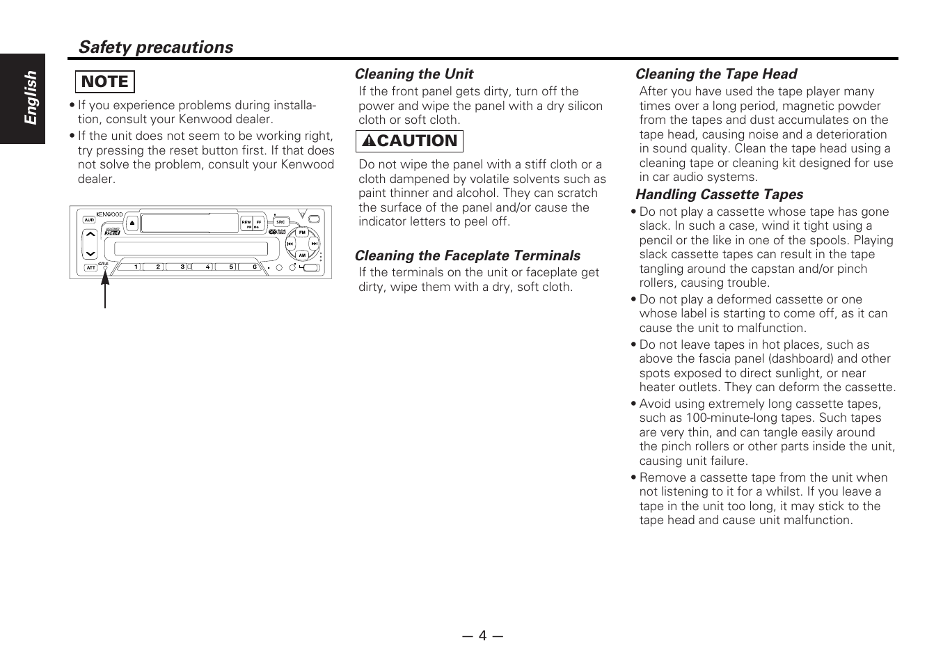 Safety precautions, English, 2 caution | Reset button cleaning the unit, Cleaning the faceplate terminals, Cleaning the tape head, Handling cassette tapes | Kenwood KRC-177RA User Manual | Page 4 / 24