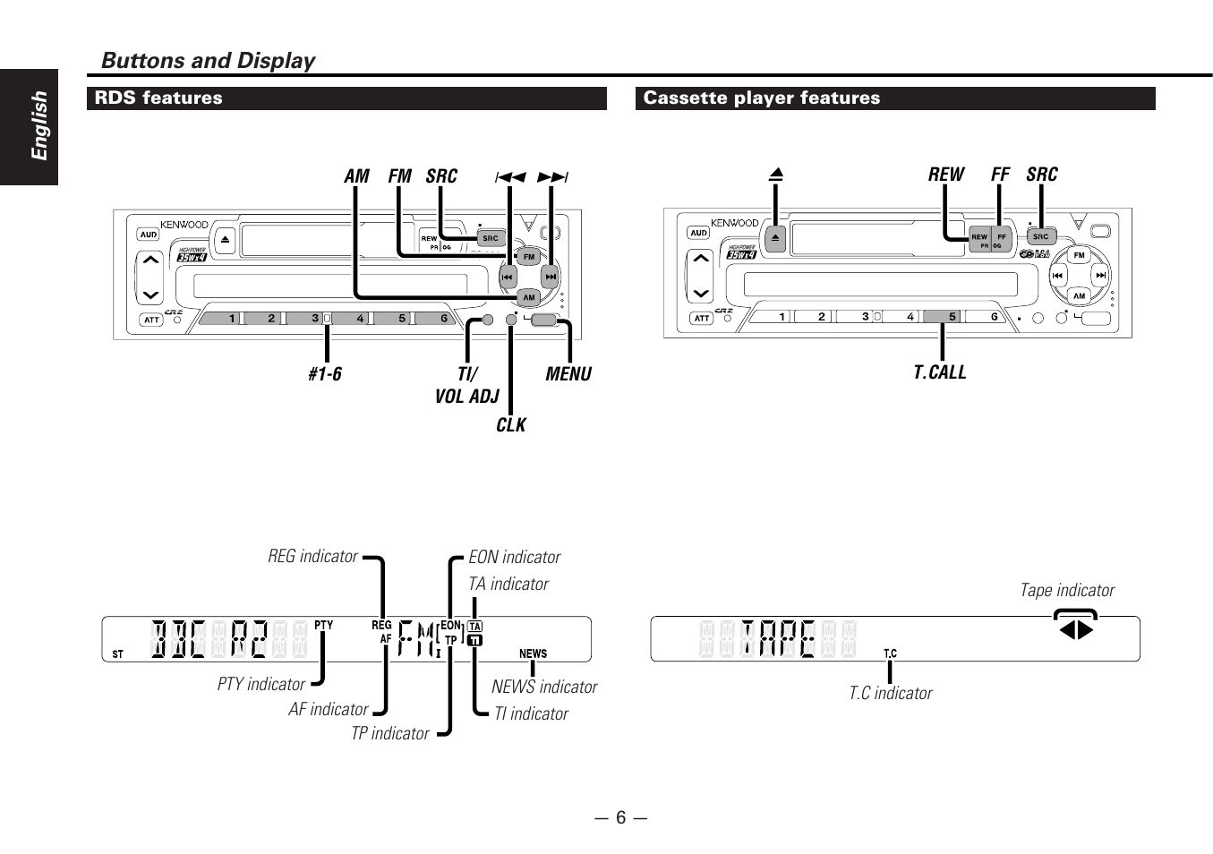 Rds features, Cassette player features, Buttons and display | English | Kenwood KRC-177RA User Manual | Page 6 / 24