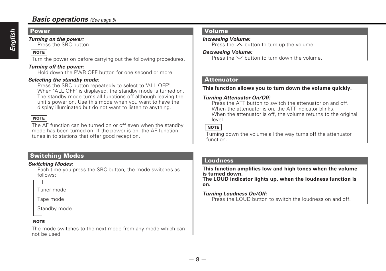 Power, Switching modes, Volume | Attenuator, Loudness, Basic operations, English | Kenwood KRC-177RA User Manual | Page 8 / 24