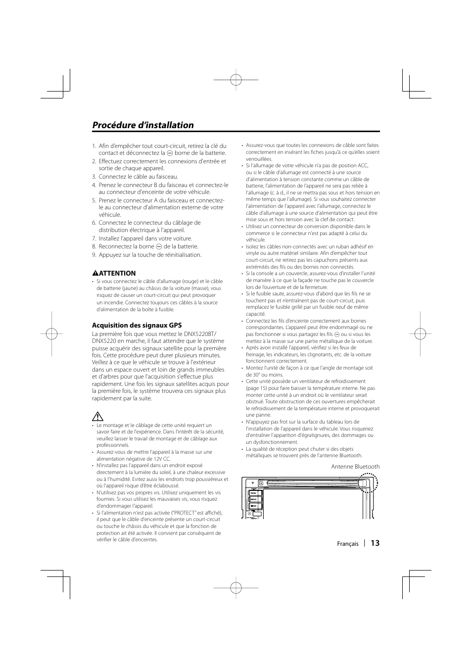 Procédure d’installation | Kenwood DNX5220BT User Manual | Page 13 / 72