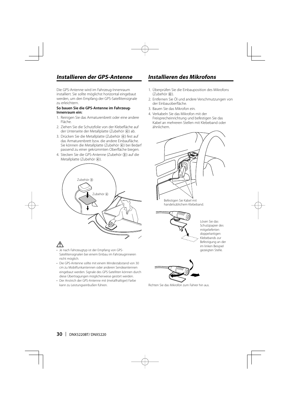 Installieren der gps-antenne, Installieren des mikrofons | Kenwood DNX5220BT User Manual | Page 30 / 72