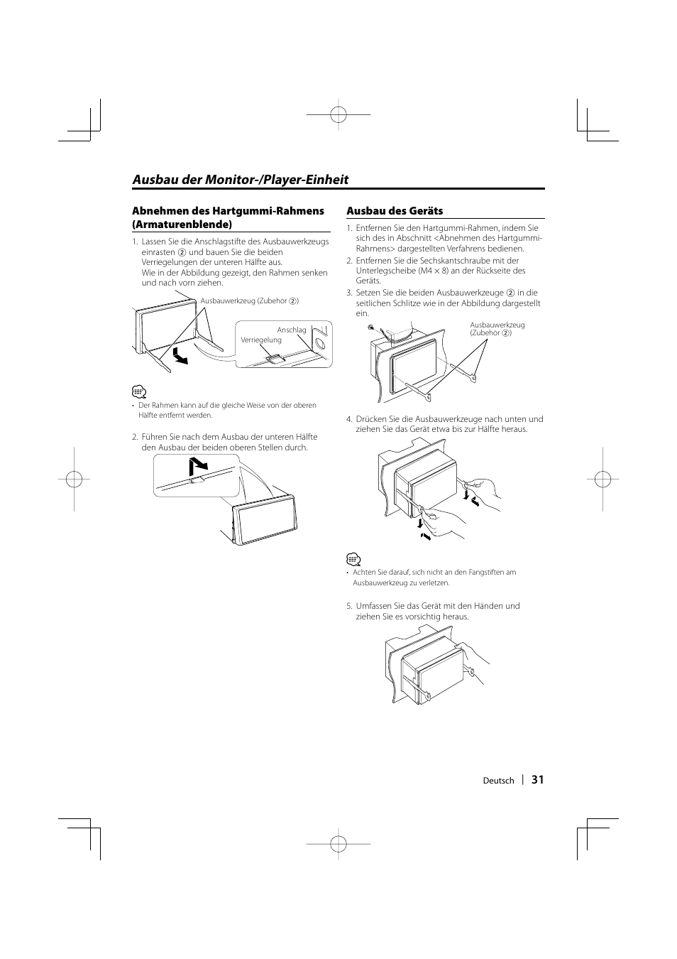 Ausbau der monitor-/player-einheit | Kenwood DNX5220BT User Manual | Page 31 / 72
