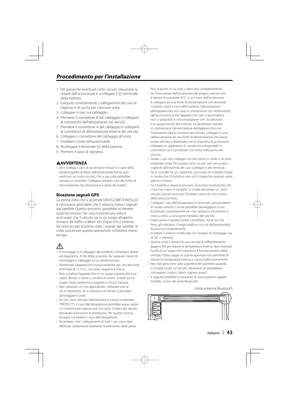 Procedimento per l'installazione | Kenwood DNX5220BT User Manual | Page 43 / 72