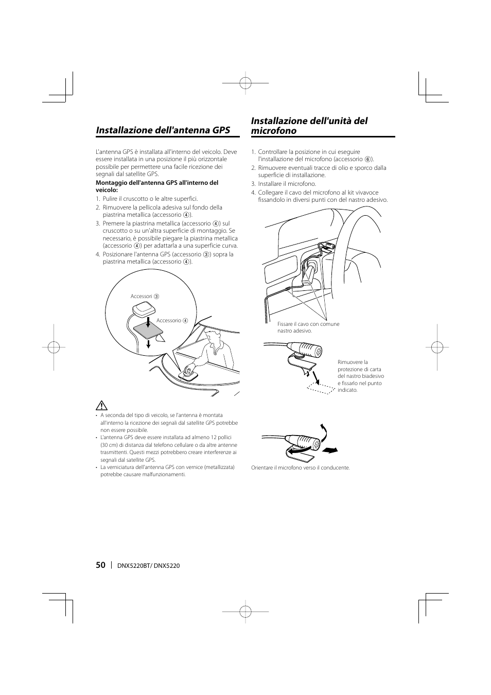 Installazione dell'antenna gps, Installazione dell'unità del microfono | Kenwood DNX5220BT User Manual | Page 50 / 72