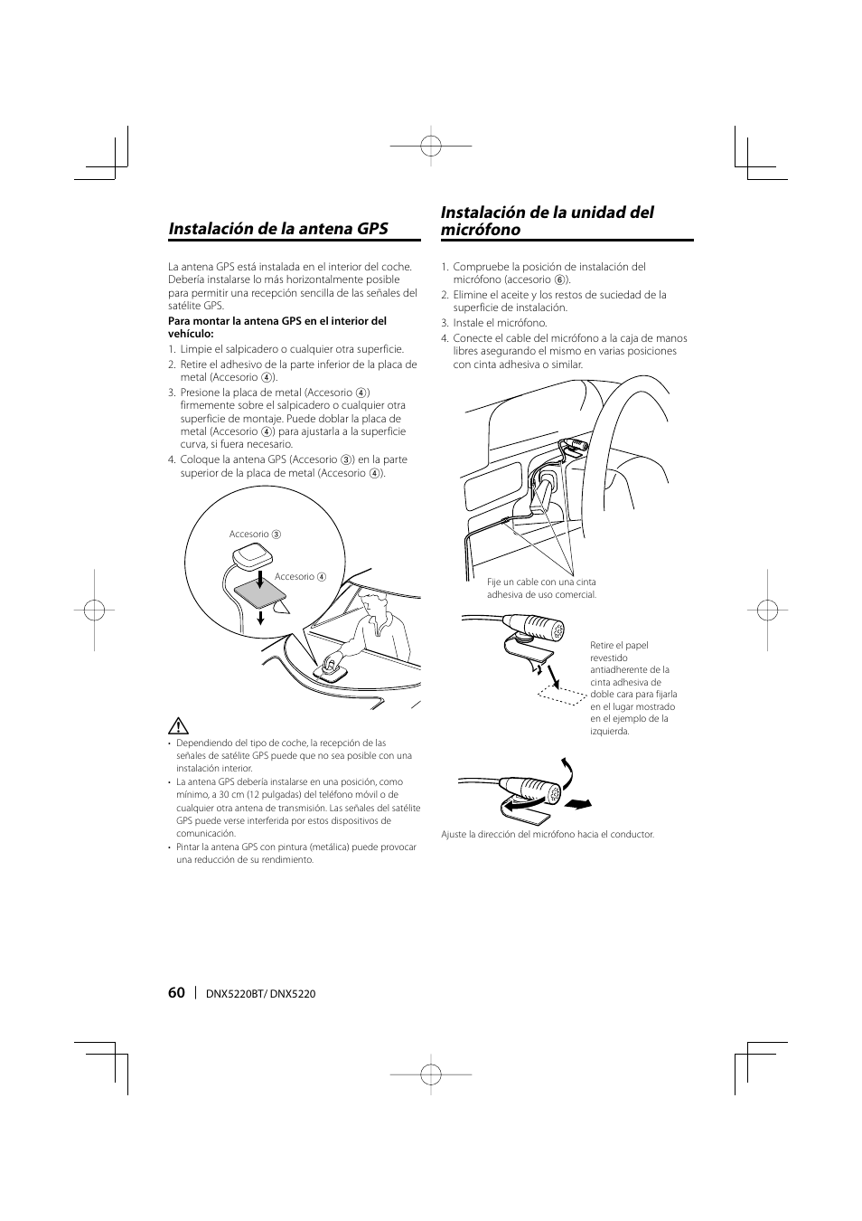 Instalación de la antena gps, Instalación de la unidad del micrófono | Kenwood DNX5220BT User Manual | Page 60 / 72