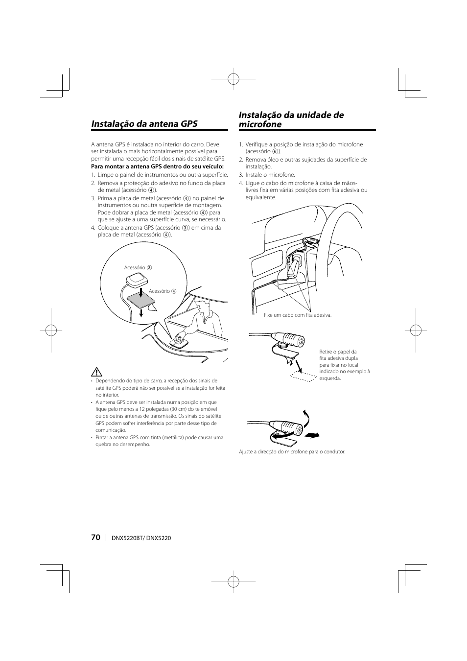 Instalação da antena gps, Instalação da unidade de microfone | Kenwood DNX5220BT User Manual | Page 70 / 72