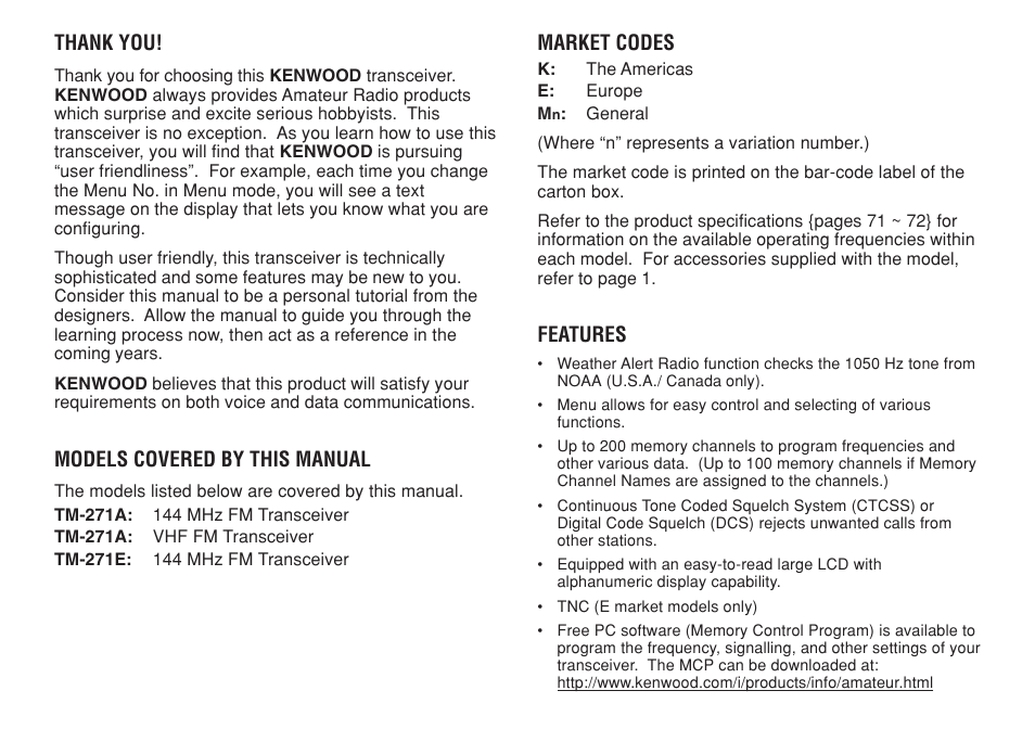 Models covered by this manual, Market codes, Features | Kenwood TM-271A User Manual | Page 3 / 79