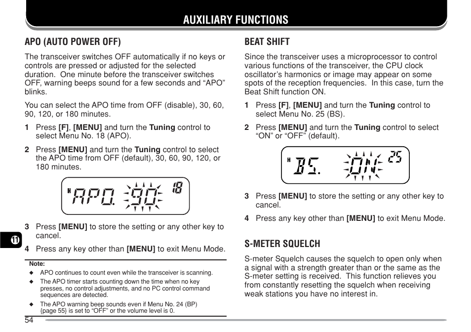 Auxiliary functions, Apo (auto power off), Beat shift | S-meter squelch | Kenwood TM-271A User Manual | Page 61 / 79