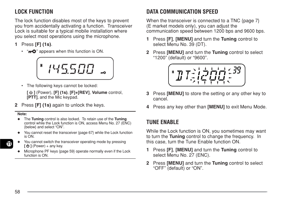 Lock function, Data communication speed, Tune enable | Kenwood TM-271A User Manual | Page 65 / 79