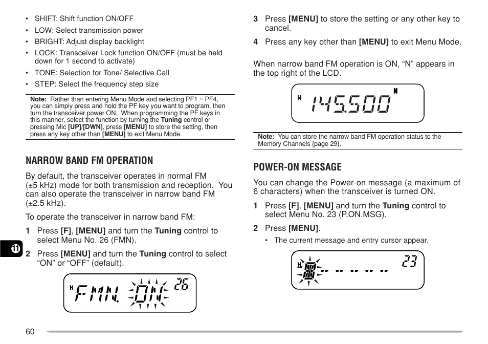 Narrow band fm operation, Power-on message | Kenwood TM-271A User Manual | Page 67 / 79