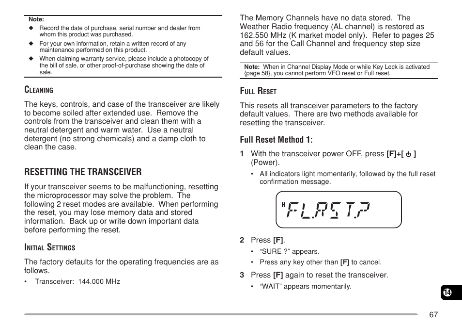 Resetting the transceiver | Kenwood TM-271A User Manual | Page 74 / 79