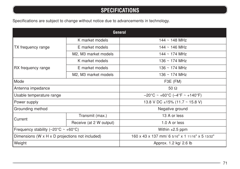 Specifications | Kenwood TM-271A User Manual | Page 78 / 79