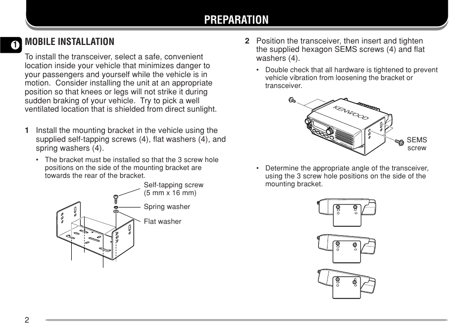 Preparation, Mobile installation | Kenwood TM-271A User Manual | Page 9 / 79