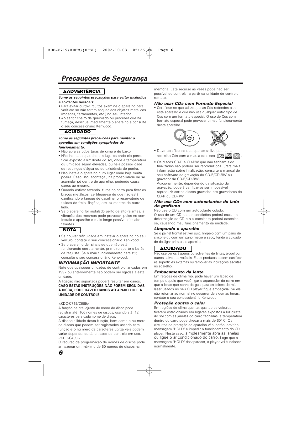 Precauções de segurança | Kenwood CD playe KDC-C719 User Manual | Page 6 / 16