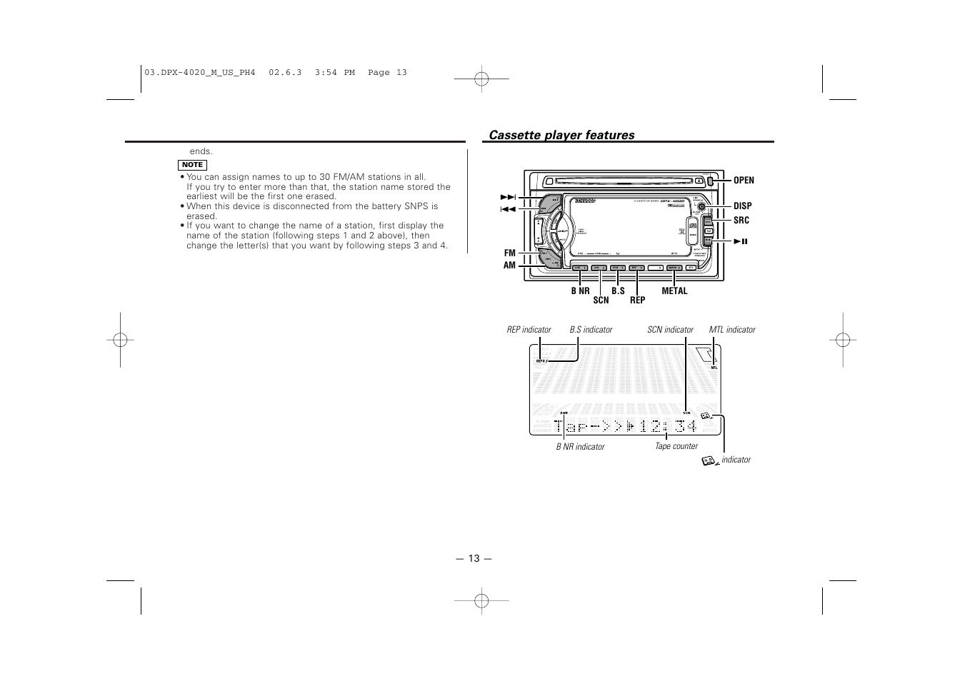 Cassette player features | Kenwood DPX-4020PH4 User Manual | Page 13 / 36